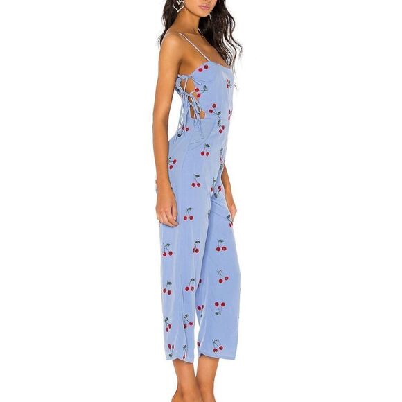 Lovers and Friends Jumpsuit Size Small Blue Red Analee Cherries Beaded Side Ties - Picture 1 of 10